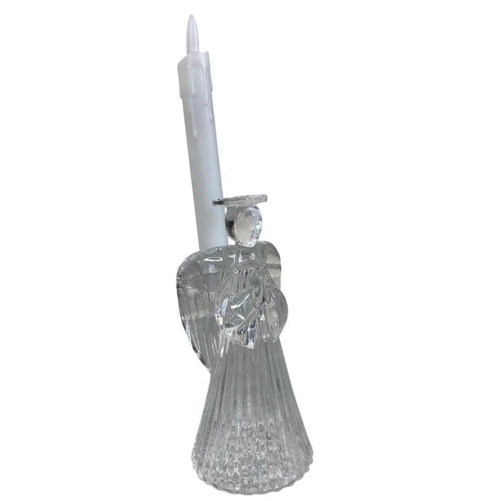Unbranded Glass Angel Taper Candle Holder Clear Ribbed Praying Figurine 6.25in